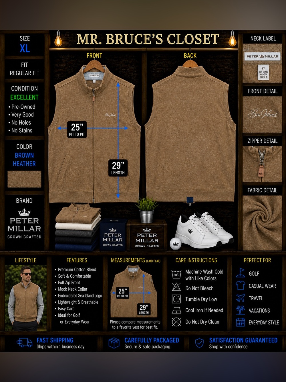 Peter Millar Brown Heather Full-Zip Mock Neck Vest - XL